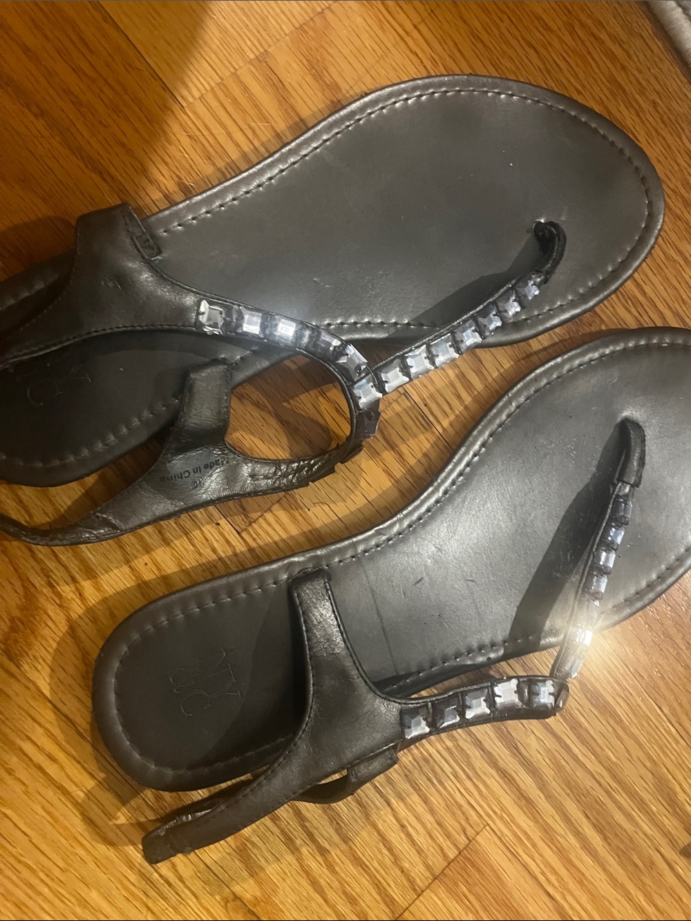 New York & Company Black T-Strap Sandals with Clear Gem Accents